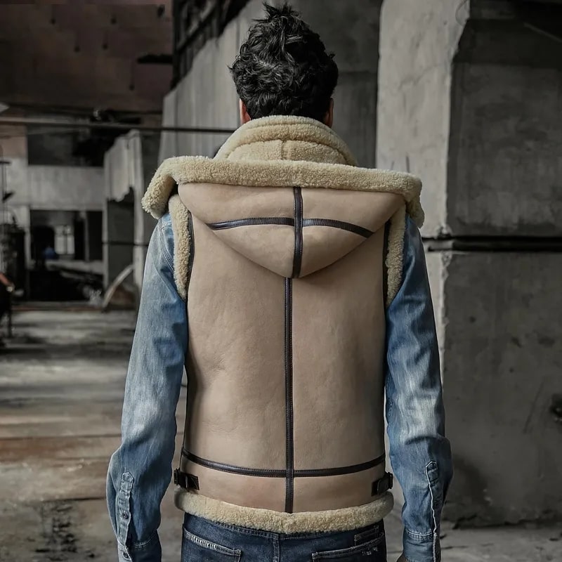 Men's Shearling Leather Vest In Beige - Moto Jacketer