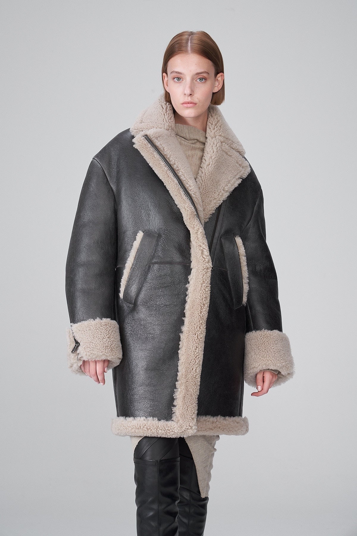 Women's Shearling B7 Bomber Leather Coat In Black