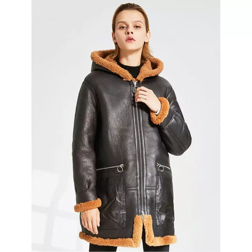 Leather Jackets Orange Duffle Coat Women's Orange Shearling Parka